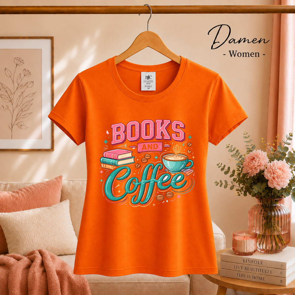 Damen Orange – Books and Coffee Design T-Shirt - Leseliebe & Kaffeegenuss