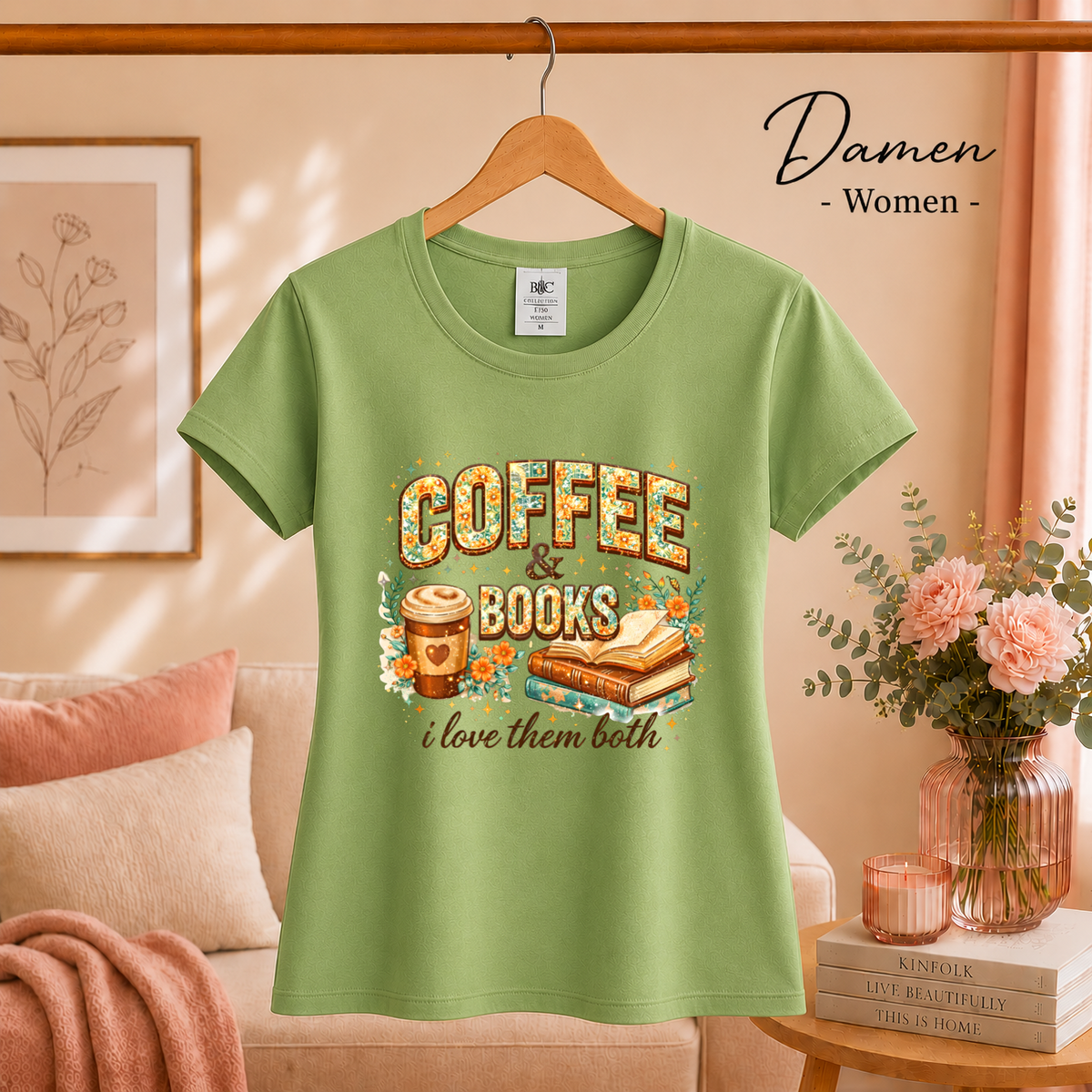 Damen Pistaccio – Coffee & Books T-Shirt – Floraler Print für Leseratten & Kaffeeliebhaber