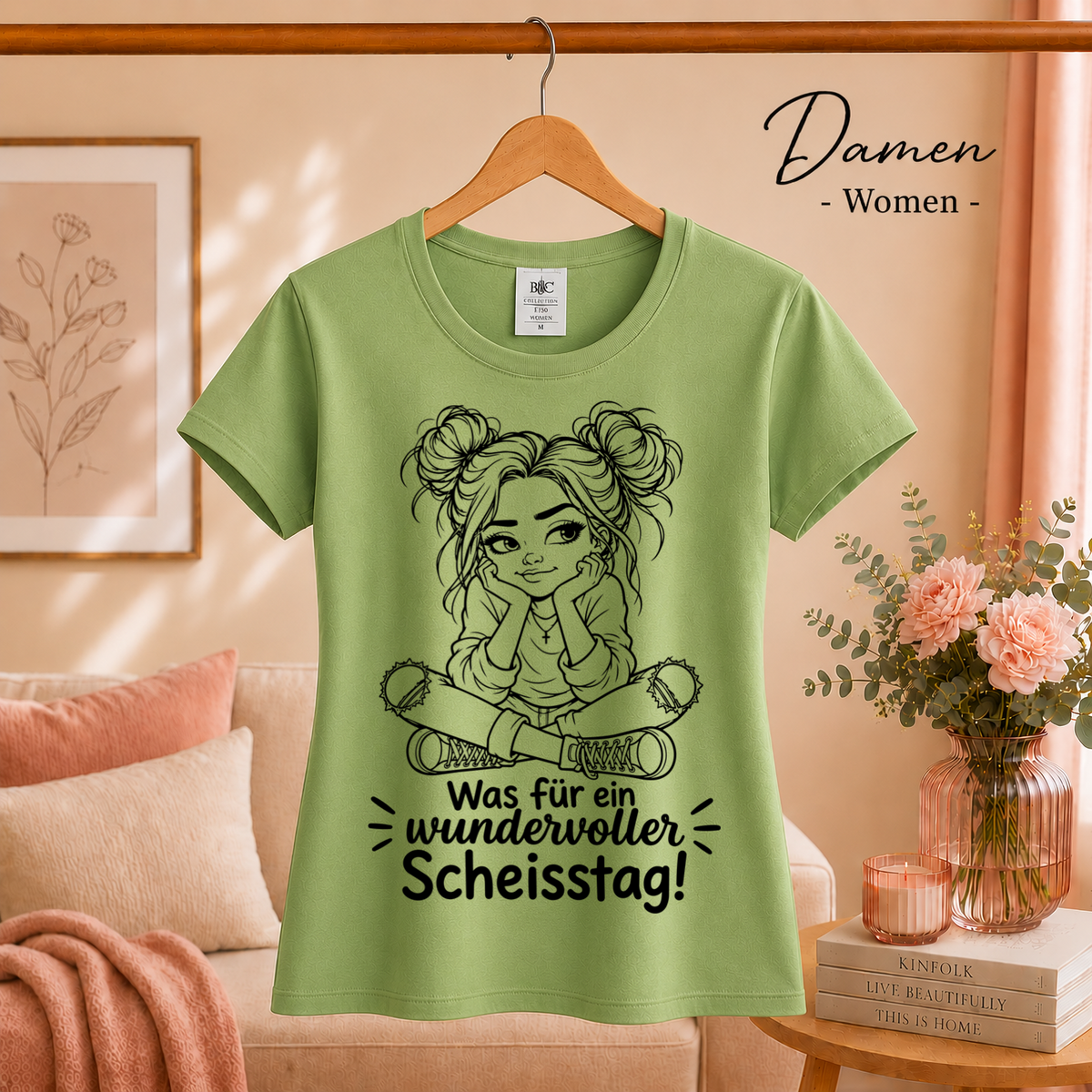 Damen Pistaccio – T-Shirt mit sarkastischem Spruch 'Wundervoller Scheisstag' & rebellischer Cartoon-Figur