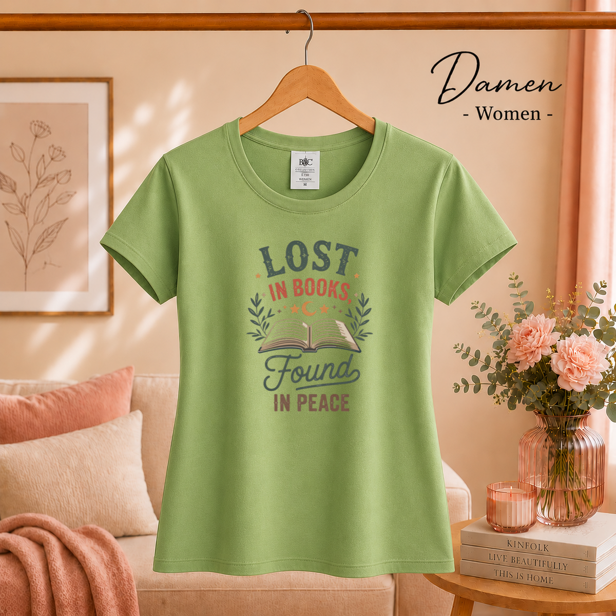 Damen Pistaccio – T-Shirt mit Buch-Motiv und Spruch 'Lost in Books, Found in Peace' im Vintage-Stil