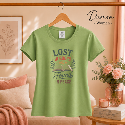 Damen Pistaccio – T-Shirt mit Buch-Motiv und Spruch 'Lost in Books, Found in Peace' im Vintage-Stil