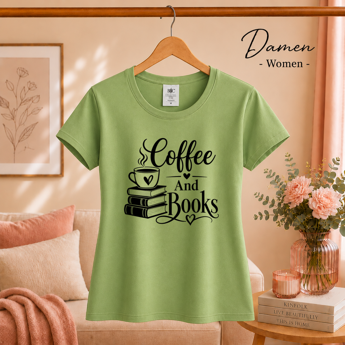 Damen Pistaccio – T-Shirt mit 'Coffee And Books' Spruch | Design für Leseratten und Kaffeeliebhaber