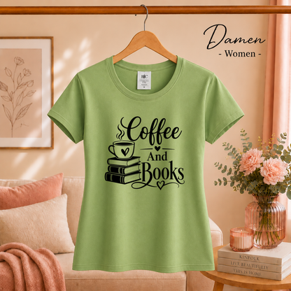 Damen Pistaccio – T-Shirt mit 'Coffee And Books' Spruch | Design für Leseratten und Kaffeeliebhaber