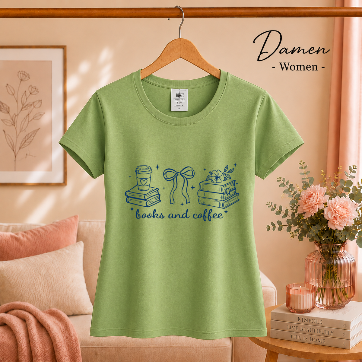 Damen Pistaccio – Bücher & Kaffee Liebhaber Design T-Shirt | Charmantes Motiv für Lesefreunde