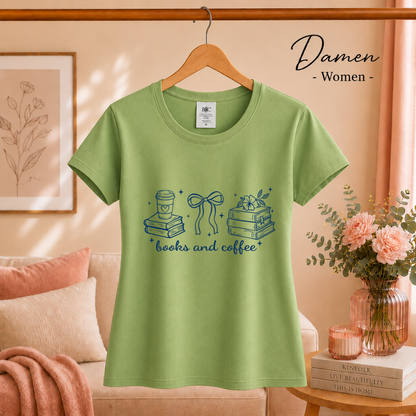 Damen Pistaccio – Bücher & Kaffee Liebhaber Design T-Shirt | Charmantes Motiv für Lesefreunde