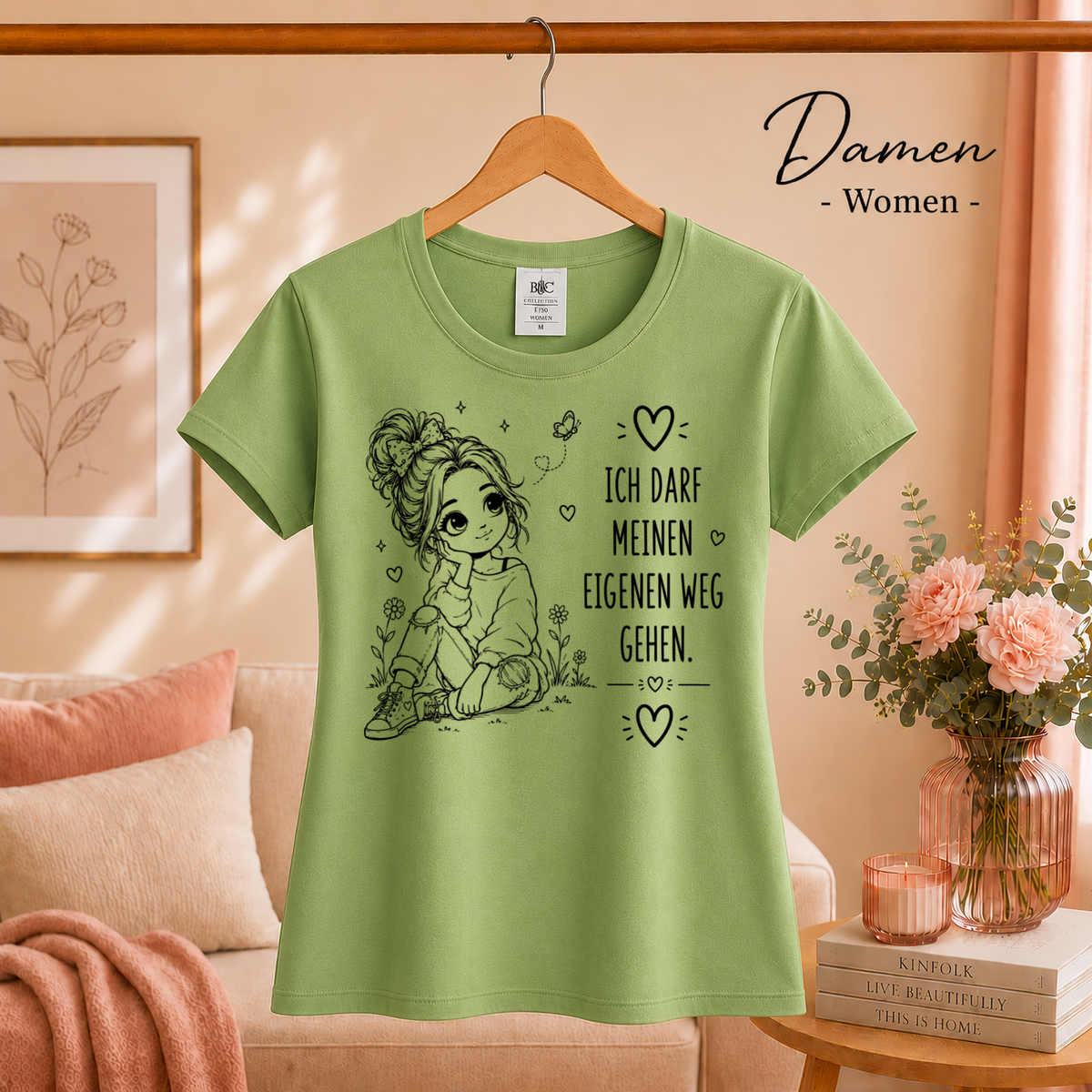 Damen Pistaccio – T-Shirt mit Statement-Spruch 'Ich darf meinen eigenen Weg gehen' | Süße Mädchen-Illustration