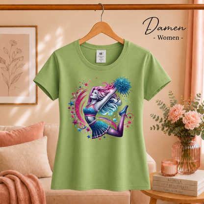 Damen Pistaccio – T-Shirt mit dynamischem Cheerleader-Motiv und galaktischen Sternen