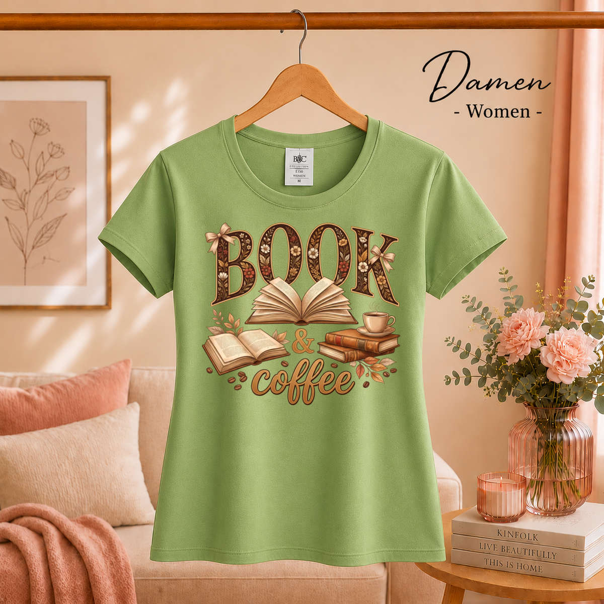 Damen Pistaccio – Blumiges BOOK & coffee Motiv Shirt – Dein Statement für Bücherliebe & Kaffeemomente