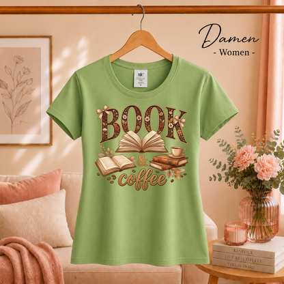 Damen Pistaccio – Blumiges BOOK & coffee Motiv Shirt – Dein Statement für Bücherliebe & Kaffeemomente