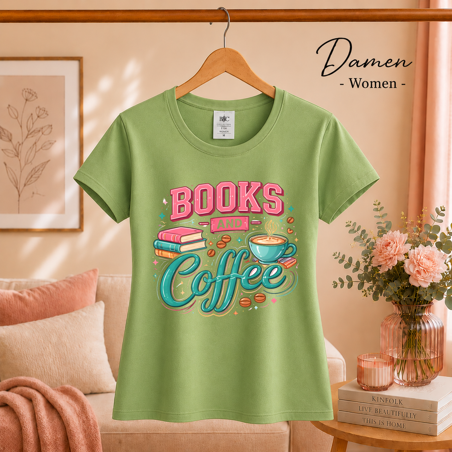 Damen Pistaccio – Books and Coffee Design T-Shirt - Leseliebe & Kaffeegenuss