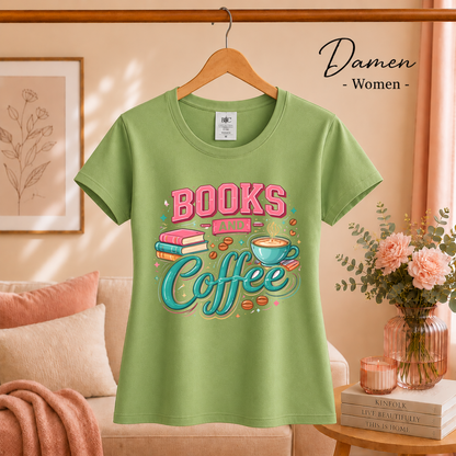 Damen Pistaccio – Books and Coffee Design T-Shirt - Leseliebe & Kaffeegenuss