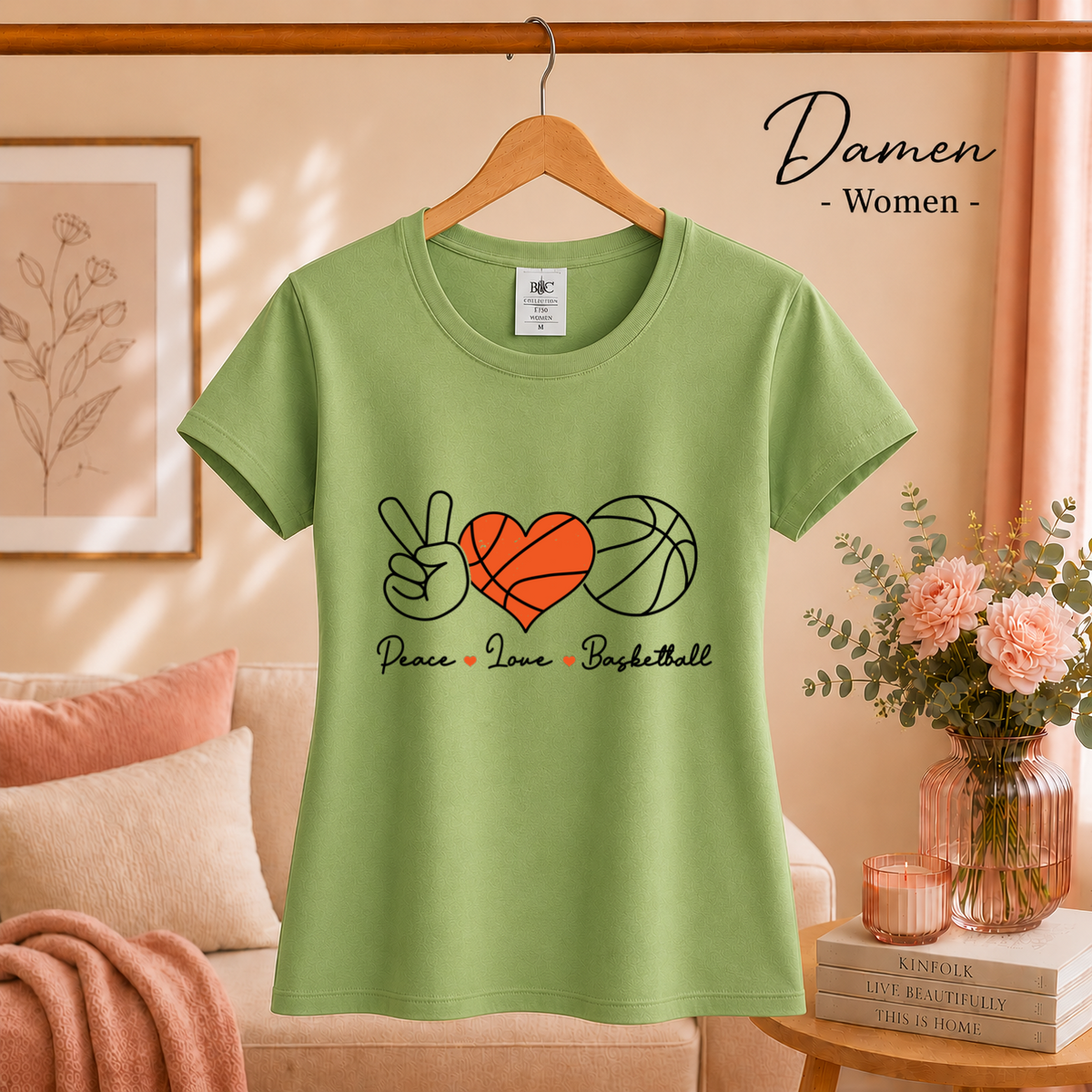 Damen Pistaccio – T-Shirt mit Peace, Love & Basketball Design | Herz-Ball & Friedenszeichen