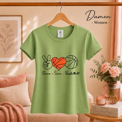 Damen Pistaccio – T-Shirt mit Peace, Love & Basketball Design | Herz-Ball & Friedenszeichen