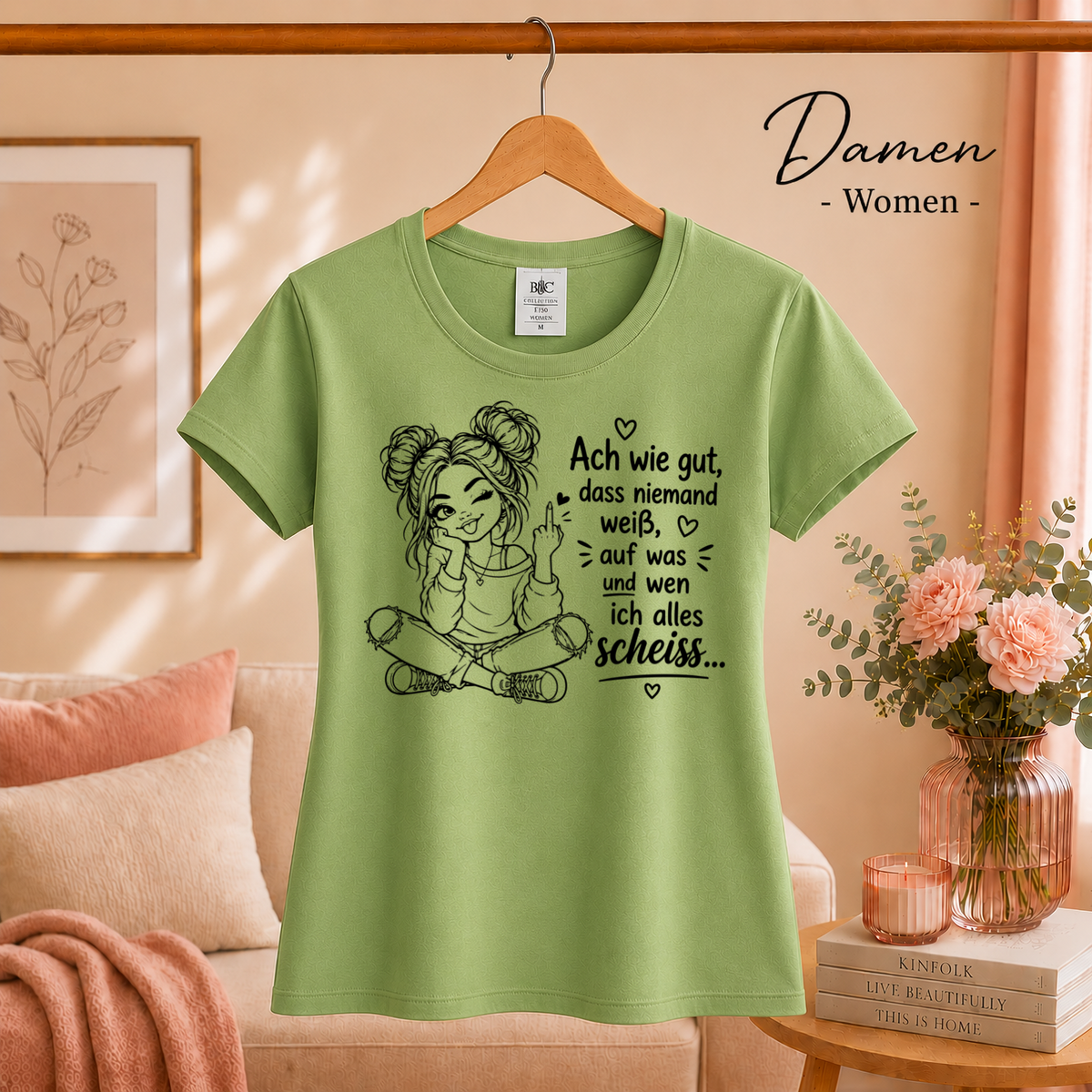 Damen Pistaccio – Statement T-Shirt „Auf was und wen ich alles scheiss…“ mit frecher Comic-Figur
