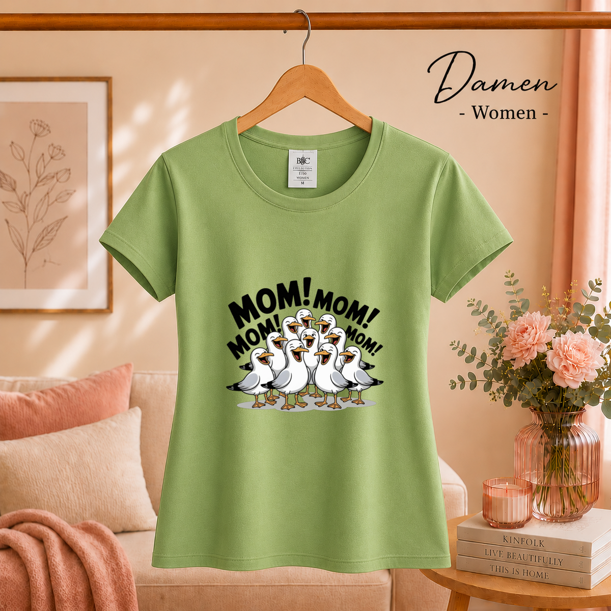 Damen Pistaccio – Lustiges T-Shirt mit schreienden Möwen und 'MOM! MOM!' Aufdruck