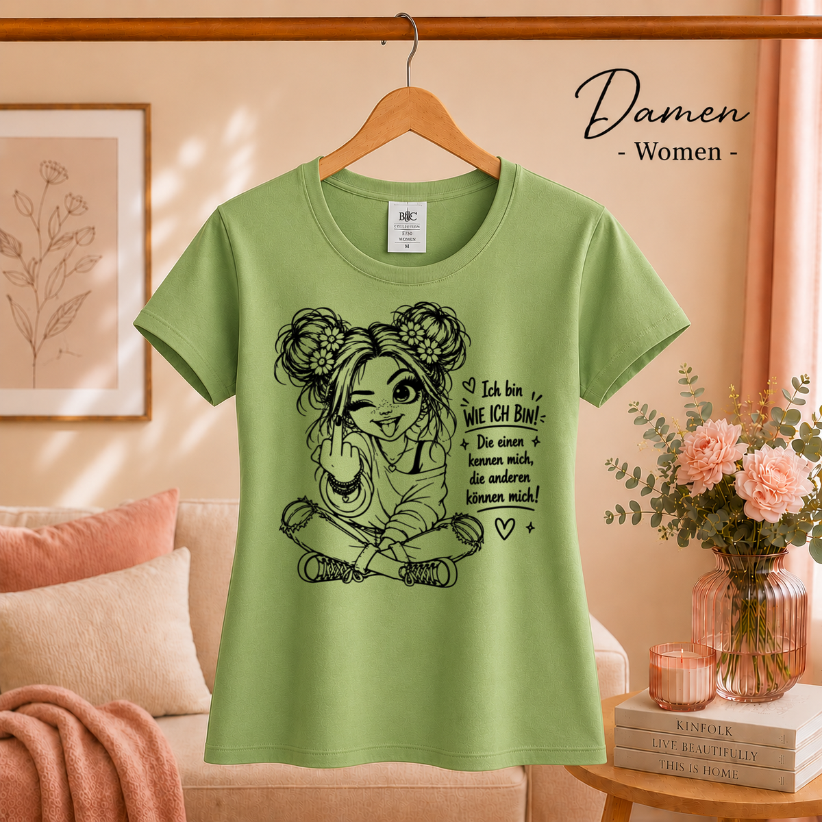 Damen Pistaccio – T-Shirt mit frechem Mädchen & Spruch 'Die anderen können mich!' – Statement-Design mit Mittelfinger