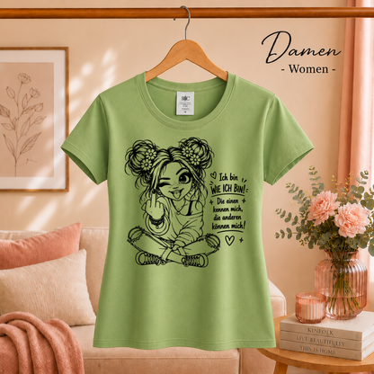Damen Pistaccio – T-Shirt mit frechem Mädchen & Spruch 'Die anderen können mich!' – Statement-Design mit Mittelfinger