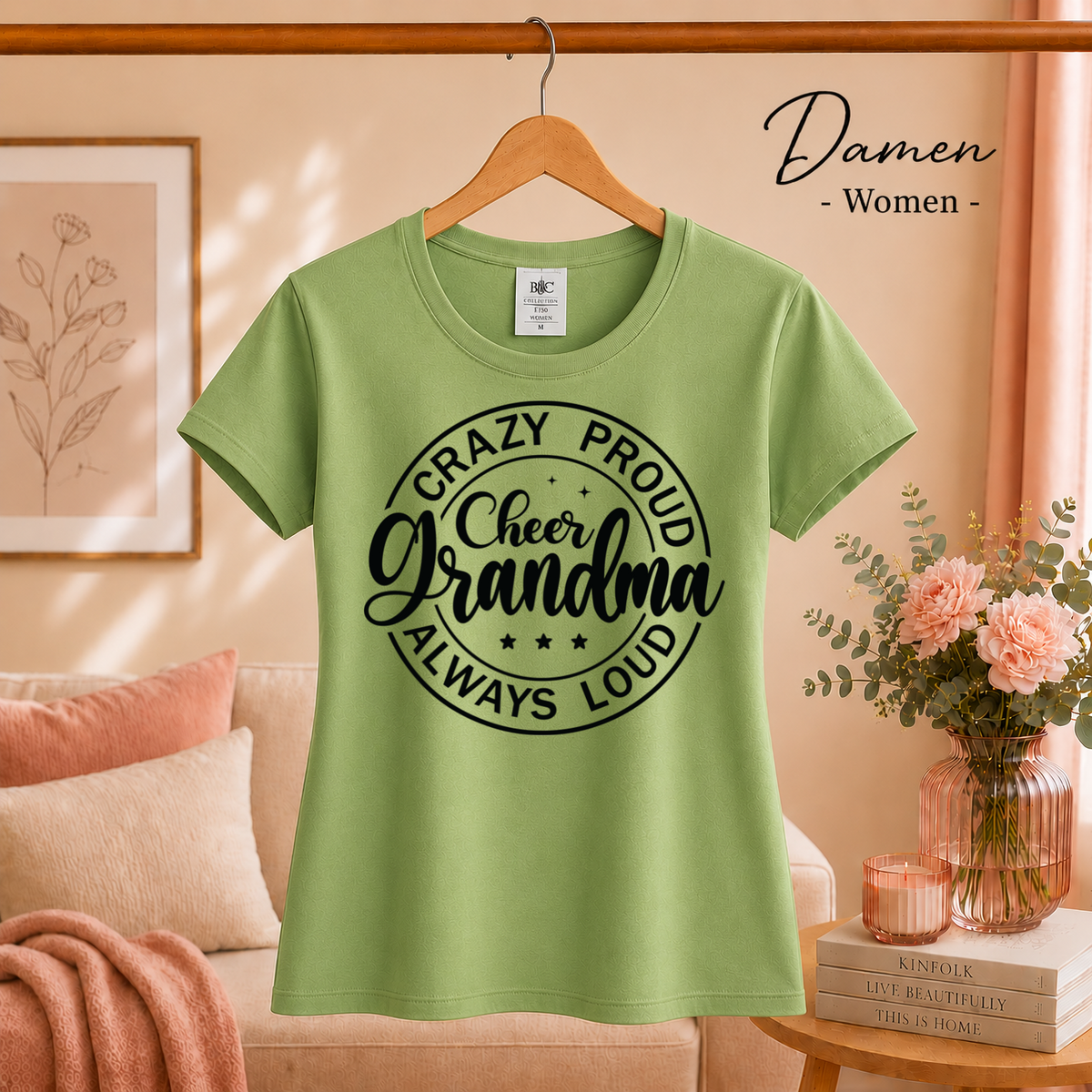 Damen Pistaccio – T-Shirt mit 'Crazy Proud Cheer Grandma' Spruch | Design für stolze Cheerleader-Omas