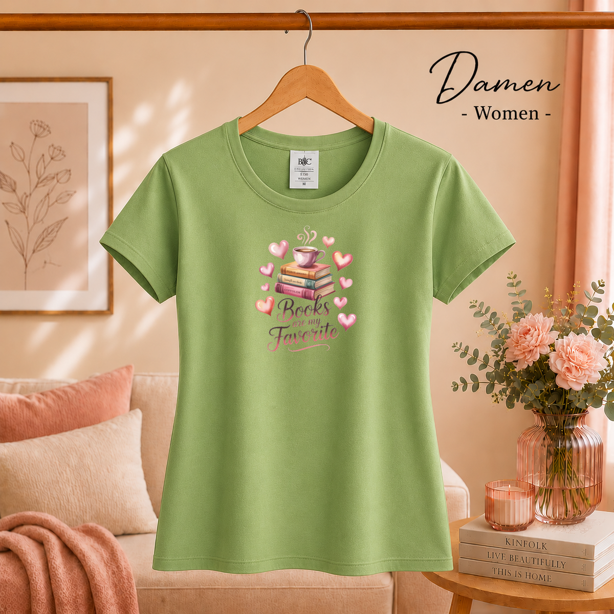 Damen Pistaccio – T-Shirt 'Books are my Favorite' | Romantisches Bücherwurm-Design mit Kaffee & Herzen