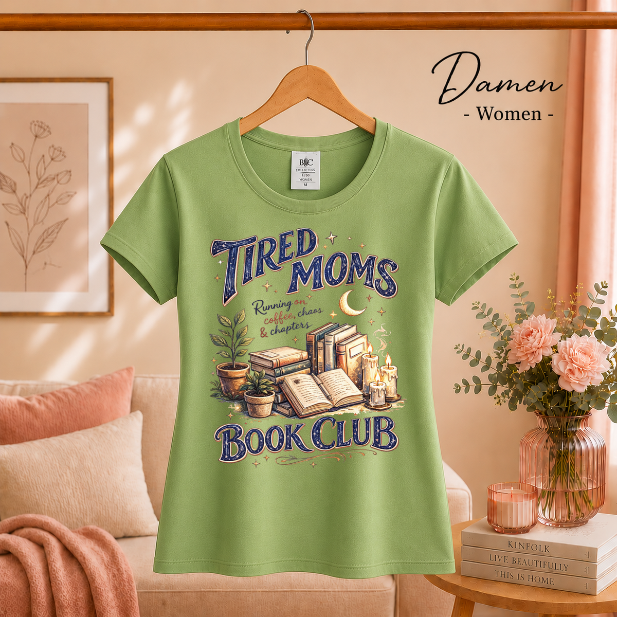 Damen Pistaccio – Tired Moms Book Club T-Shirt | Kaffee, Bücher & Chaos Motiv