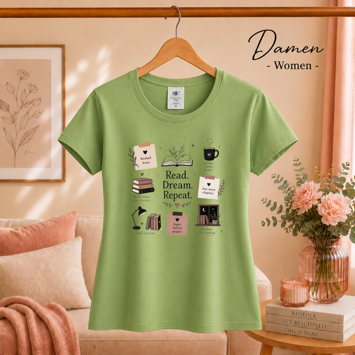 Damen Pistaccio – T-Shirt mit 'Read. Dream. Repeat.' Design – Das perfekte Outfit für gemütliche Lesestunden