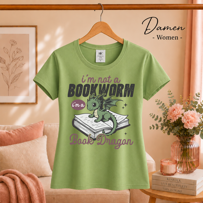 Damen Pistaccio – Buch Drache T-Shirt – Niedlicher Drache auf Buch mit tollem Spruch