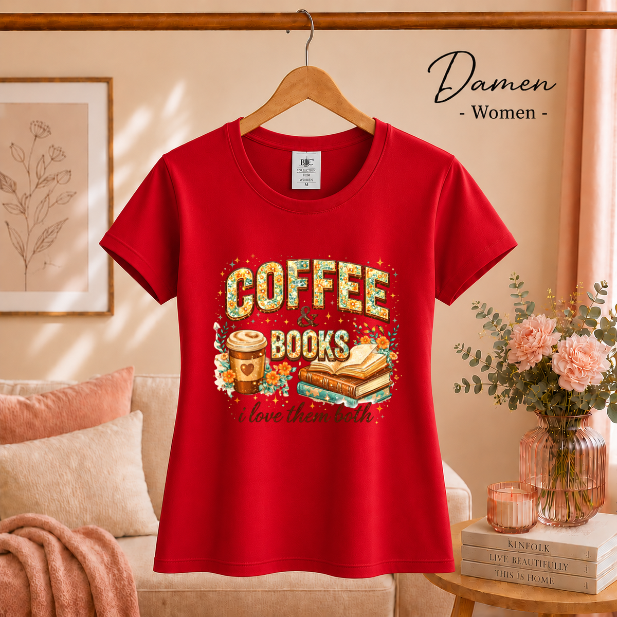 Damen Rot – Coffee & Books T-Shirt – Floraler Print für Leseratten & Kaffeeliebhaber