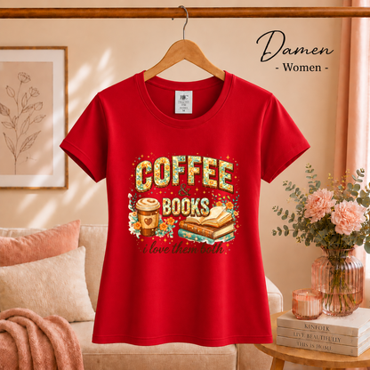 Damen Rot – Coffee & Books T-Shirt – Floraler Print für Leseratten & Kaffeeliebhaber