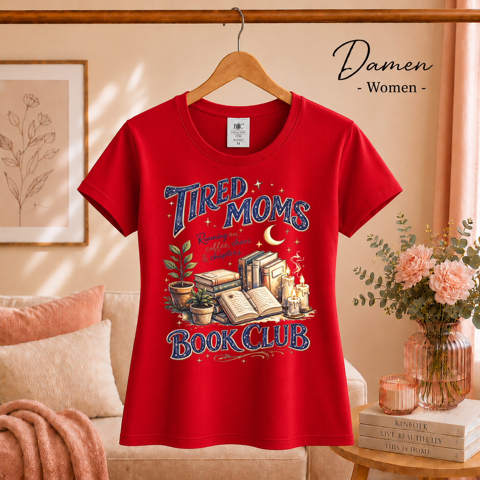Damen Rot – Tired Moms Book Club T-Shirt | Kaffee, Bücher & Chaos Motiv