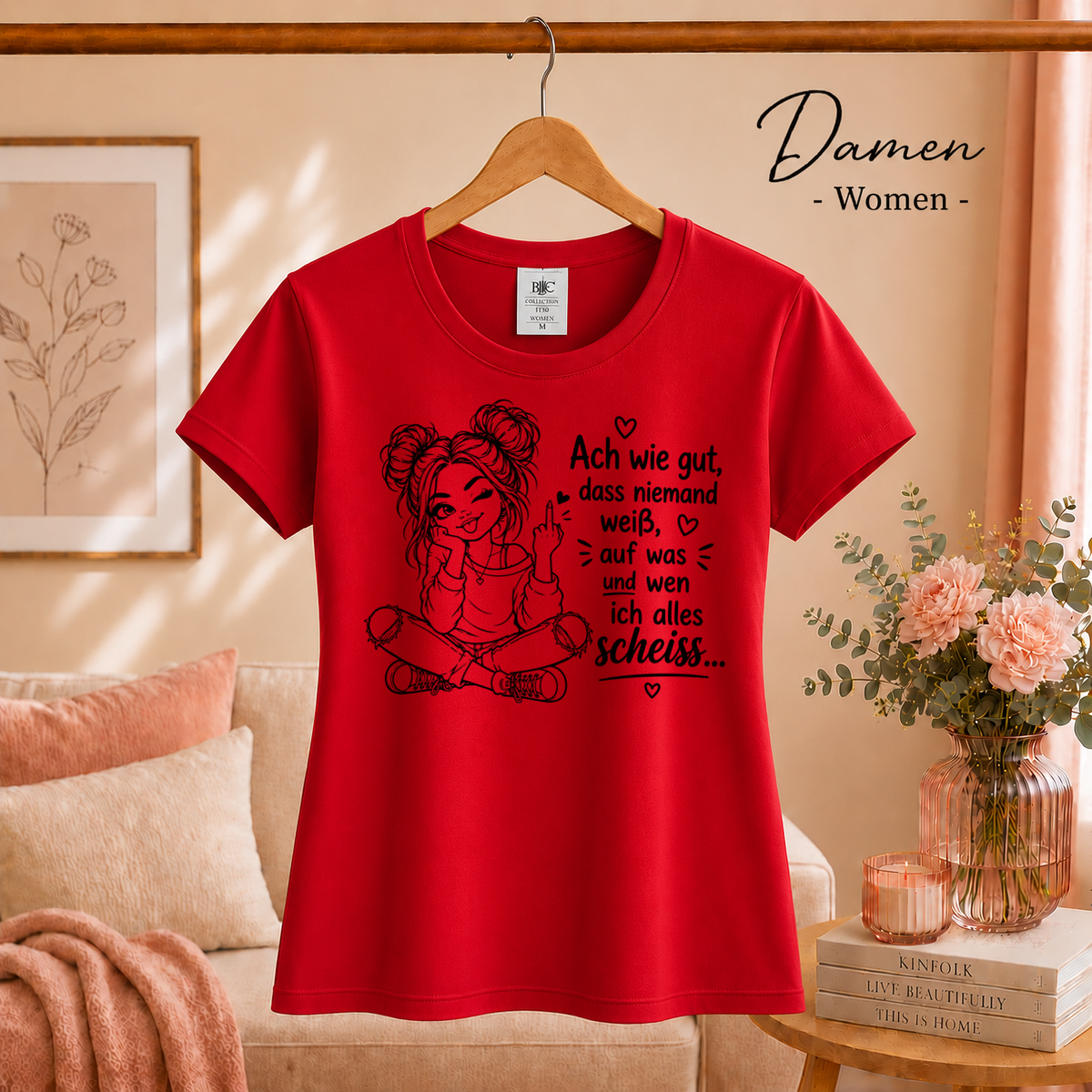 Damen Rot – Statement T-Shirt „Auf was und wen ich alles scheiss…“ mit frecher Comic-Figur