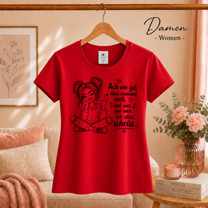 Damen Rot – Statement T-Shirt „Auf was und wen ich alles scheiss…“ mit frecher Comic-Figur