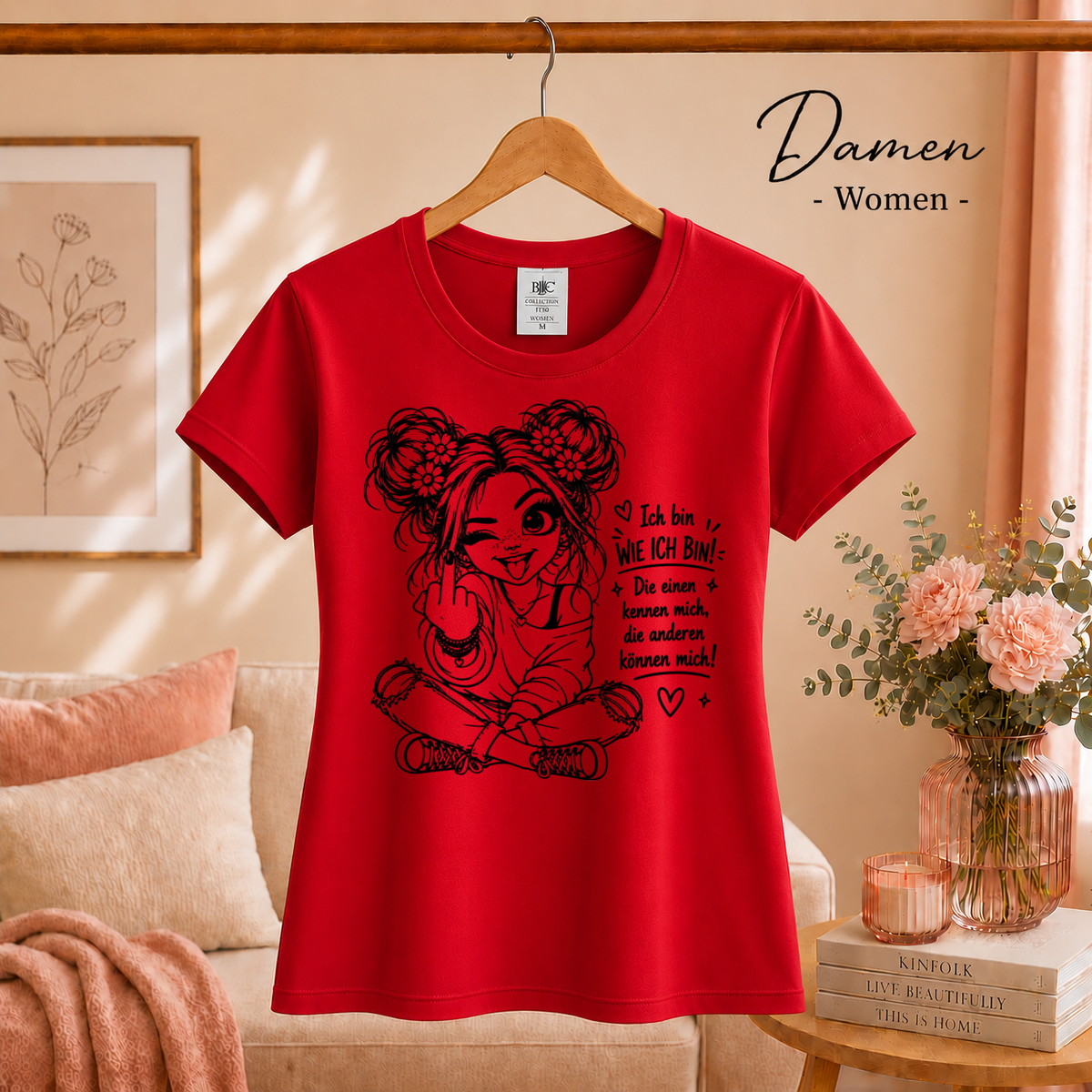 Damen Rot – T-Shirt mit frechem Mädchen & Spruch 'Die anderen können mich!' – Statement-Design mit Mittelfinger