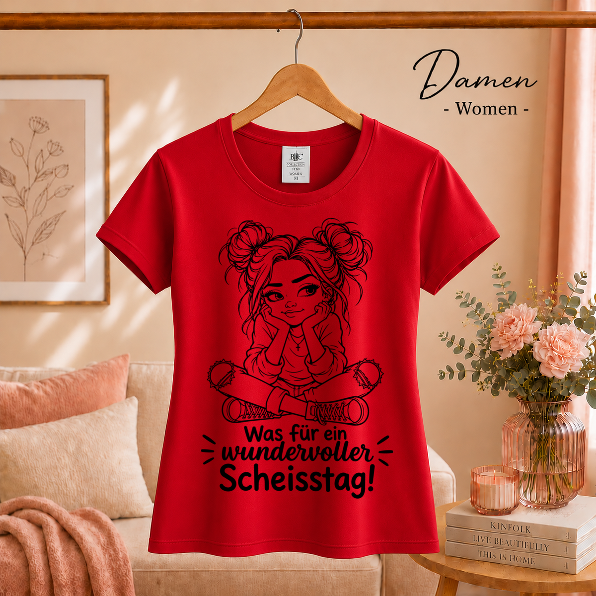 Damen Rot – T-Shirt mit sarkastischem Spruch 'Wundervoller Scheisstag' & rebellischer Cartoon-Figur