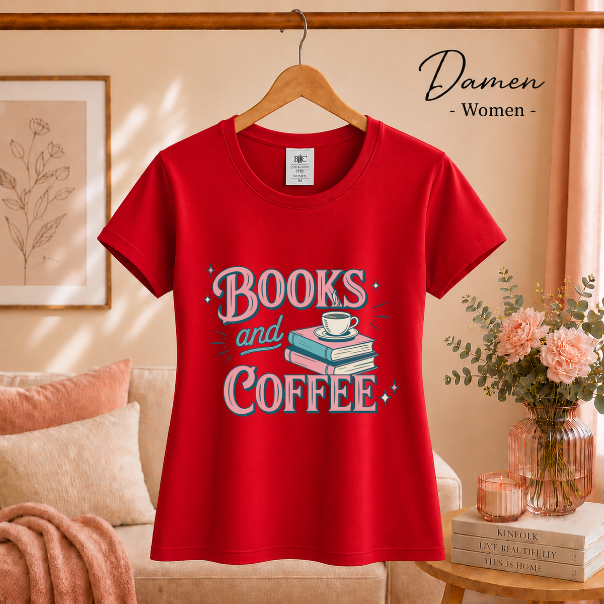 Damen Rot – Books and Coffee T-Shirt | Charmantes Design für Leseratten & Kaffeefans