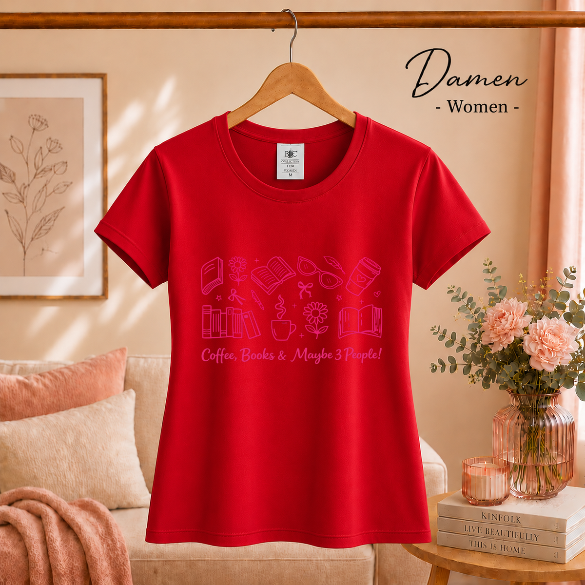 Damen Rot – Lese-Liebe T-Shirt: 'Coffee, Books & Maybe 3 People!' Motiv in Pink