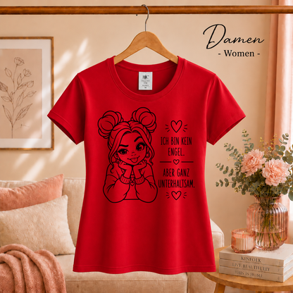 Damen Rot – T-Shirt mit frechem Spruch 'Ich bin kein Engel, aber ganz unterhaltsam' und Comic-Mädchen Design