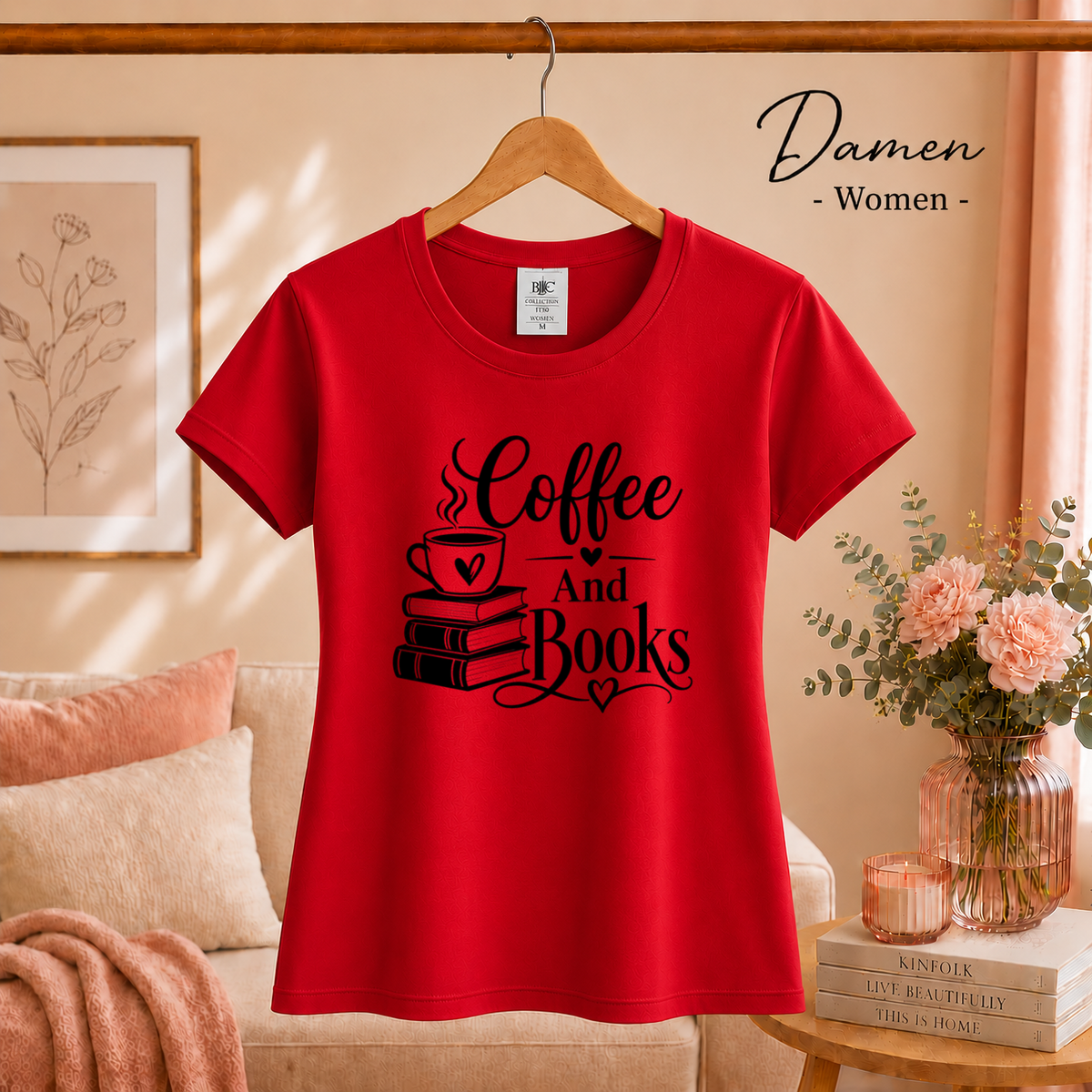 Damen Rot – T-Shirt mit 'Coffee And Books' Spruch | Design für Leseratten und Kaffeeliebhaber
