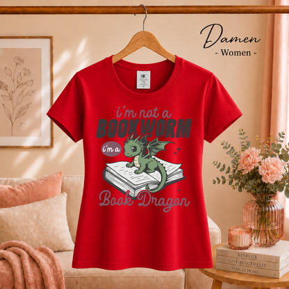 Damen Rot – Buch Drache T-Shirt – Niedlicher Drache auf Buch mit tollem Spruch