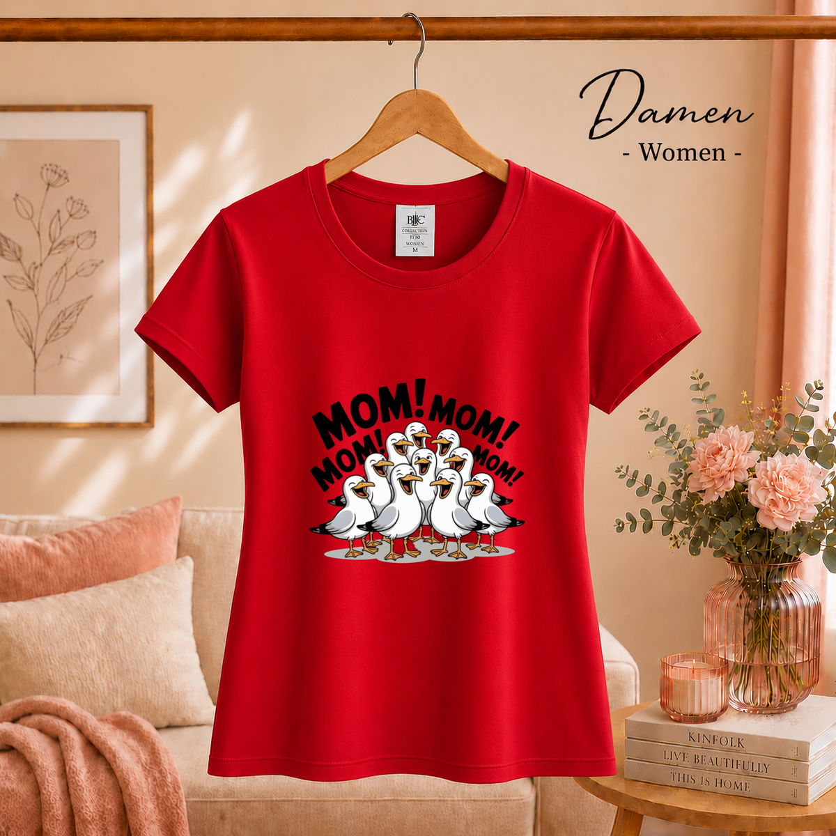 Damen Rot – Lustiges T-Shirt mit schreienden Möwen und 'MOM! MOM!' Aufdruck