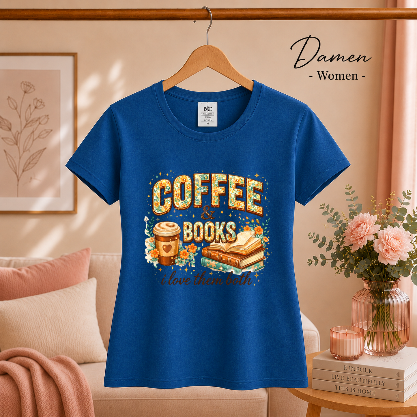 Damen RoyalBlau – Coffee & Books T-Shirt – Floraler Print für Leseratten & Kaffeeliebhaber