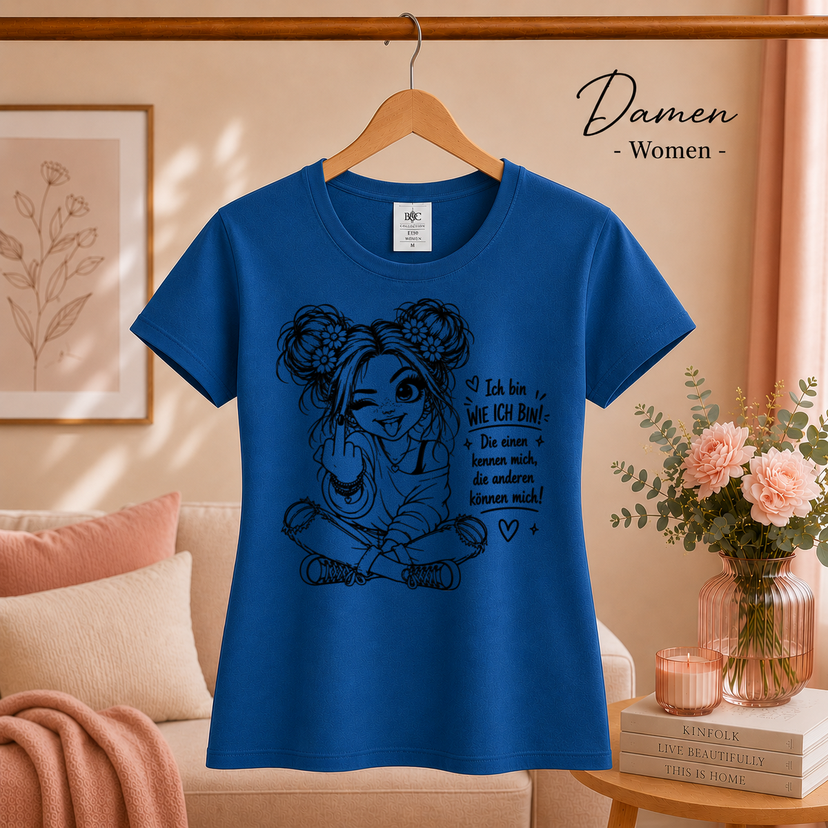 Damen RoyalBlau – T-Shirt mit frechem Mädchen & Spruch 'Die anderen können mich!' – Statement-Design mit Mittelfinger