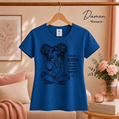 Damen RoyalBlau – T-Shirt mit frechem Mädchen & Spruch 'Die anderen können mich!' – Statement-Design mit Mittelfinger
