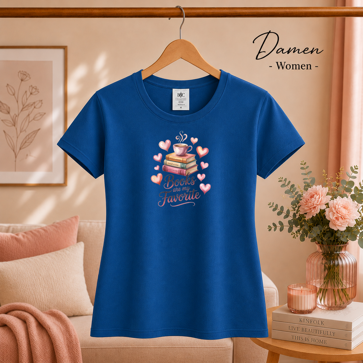 Damen RoyalBlau – T-Shirt 'Books are my Favorite' | Romantisches Bücherwurm-Design mit Kaffee & Herzen