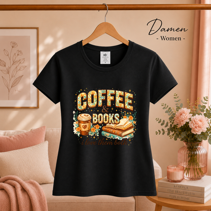Damen Schwarz – Coffee & Books T-Shirt – Floraler Print für Leseratten & Kaffeeliebhaber