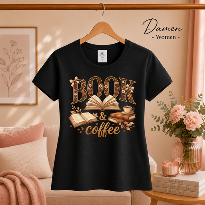 Damen Schwarz – Blumiges BOOK & coffee Motiv Shirt – Dein Statement für Bücherliebe & Kaffeemomente