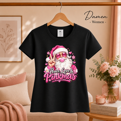 Damen Schwarz – Pinkmas T-Shirt: Cooler Weihnachtsmann mit Peace-Zeichen & rosa Sonnenbrille
