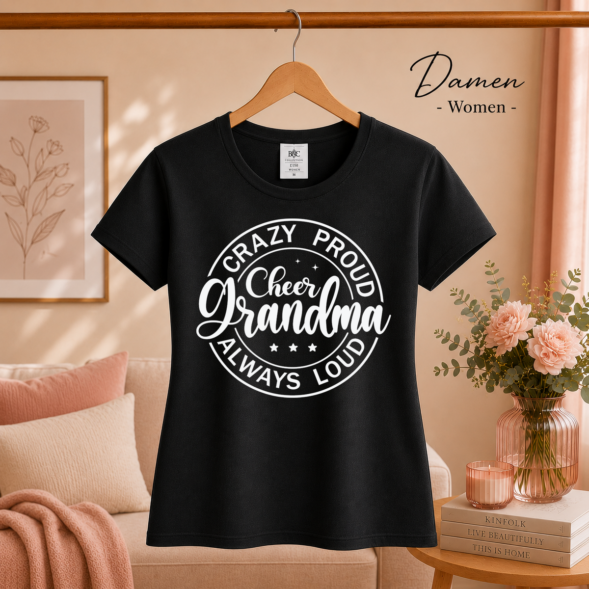 Damen Schwarz – T-Shirt mit „Crazy Proud Cheer Grandma“ Spruch für die stolzeste und lauteste Oma