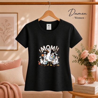 Damen Schwarz – T-Shirt mit gestresster Möwen-Mama | Witziges Cartoon-Design mit chaotischer Küken-Schar