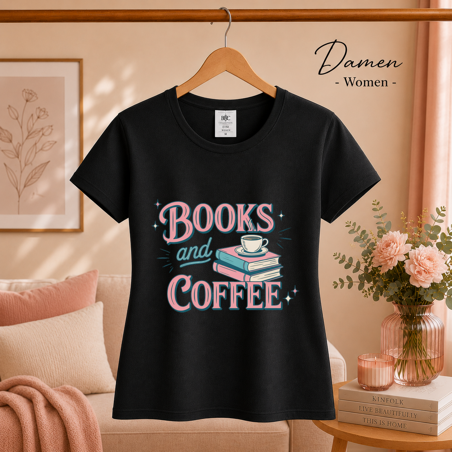 Damen Schwarz – Books and Coffee T-Shirt | Charmantes Design für Leseratten & Kaffeefans
