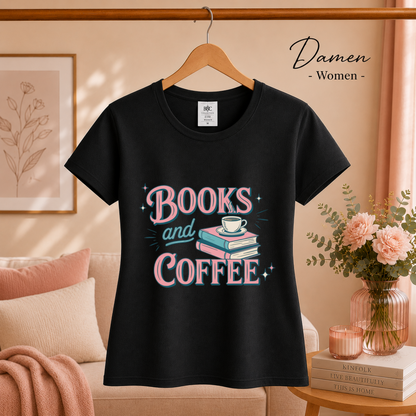 Damen Schwarz – Books and Coffee T-Shirt | Charmantes Design für Leseratten & Kaffeefans